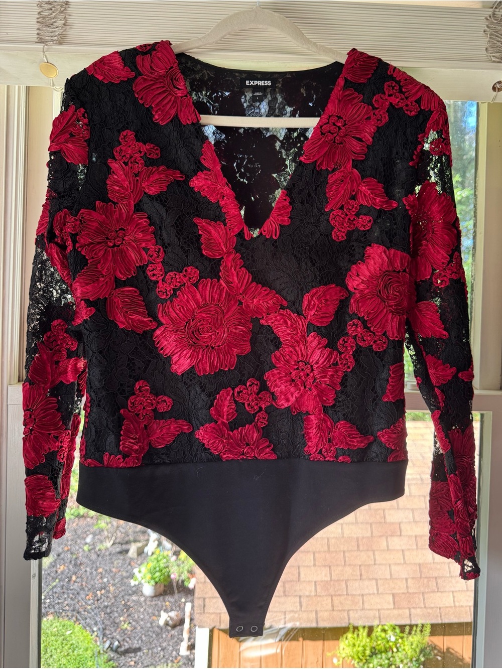 Express Black Lace Bodysuit with Red Floral Appliqué